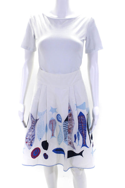 Bernardo Womens White Cotton Fish Print Pleated Knee Length A-Line Skirt Size 8