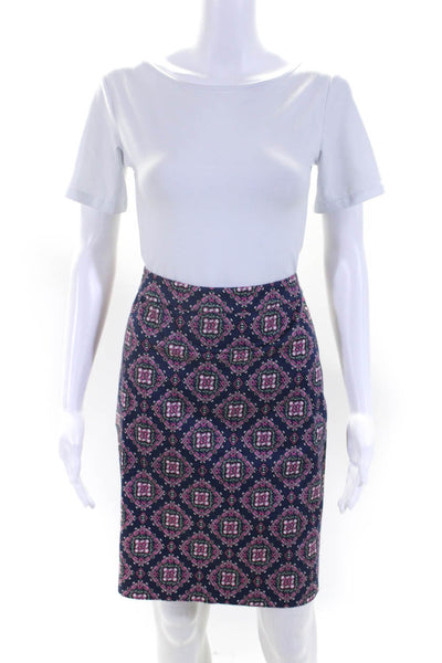 J Crew Womens Navy Pink Printed Cotton Zip Back Pencil Skirt Size 4