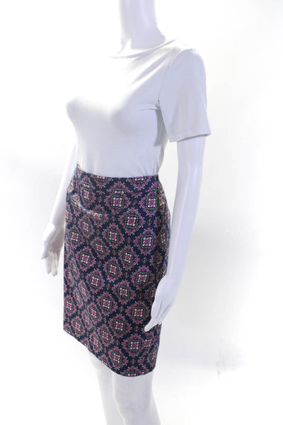 J Crew Womens Navy Pink Printed Cotton Zip Back Pencil Skirt Size 4