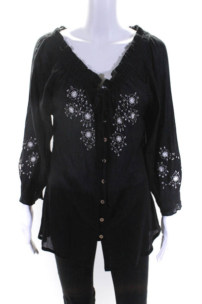 Joie Womens Black Floral Embroidered Off Shoulder Long Sleeve Blouse Top Size L