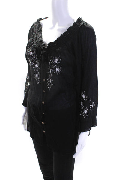 Joie Womens Black Floral Embroidered Off Shoulder Long Sleeve Blouse Top Size L