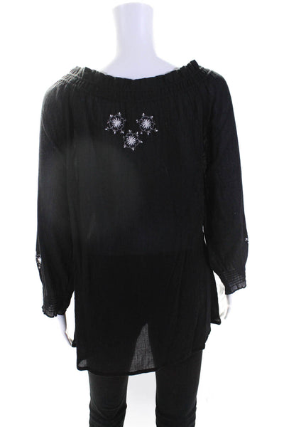 Joie Womens Black Floral Embroidered Off Shoulder Long Sleeve Blouse Top Size L