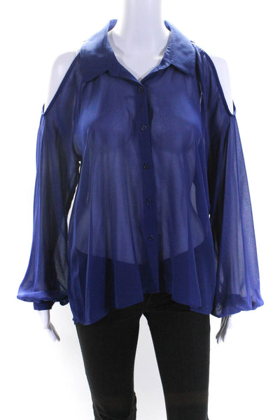 Ark & Co Womens Blue Cold Shoulder Long Sleeve Button Down Blouse Top Size L