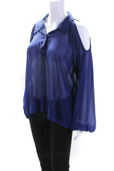 Ark & Co Womens Blue Cold Shoulder Long Sleeve Button Down Blouse Top Size L