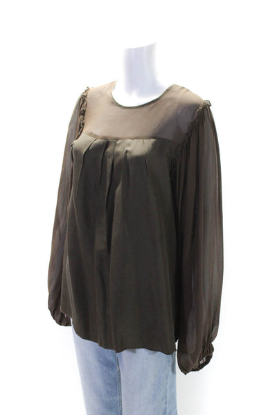 Gold Hawk Womens Dark Brown Silk Crew Neck Ruffle Long Sleeve Blouse Top Size L