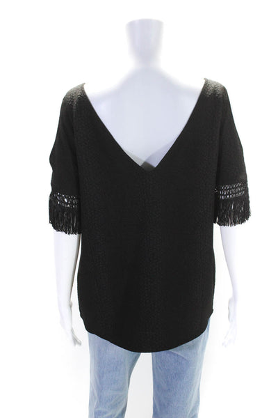 Cooper & Ella Womens Black Textured Fringe Edge Cold Shoulder Blouse Top Size M