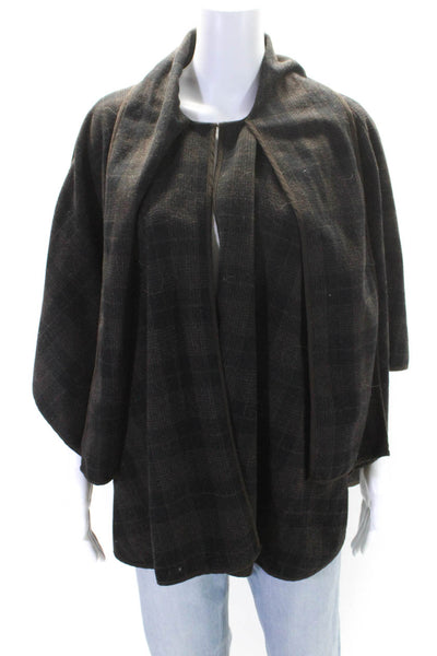 Aryn K Womens Brown Plaid Tie Neck Open Front 3/4 Sleeve Poncho Jacket Size M/L