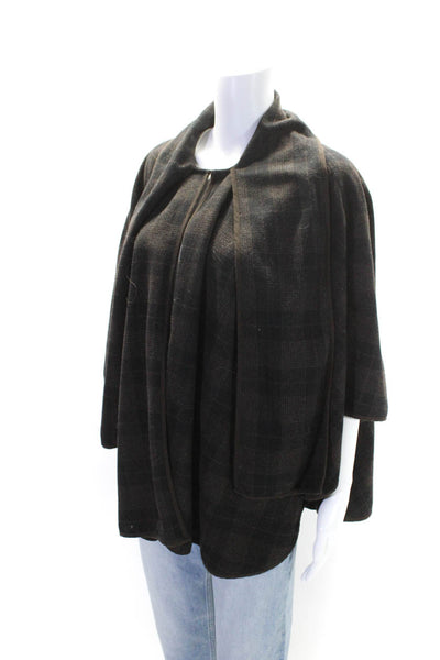 Aryn K Womens Brown Plaid Tie Neck Open Front 3/4 Sleeve Poncho Jacket Size M/L