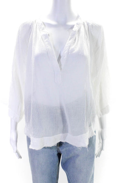 9 Seed Womens Frayed Hem V-Neck Long Sleeve Pullover Blouse Top White Size S