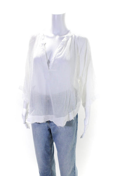 9 Seed Womens Frayed Hem V-Neck Long Sleeve Pullover Blouse Top White Size S