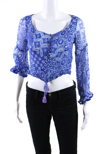 Poupette St. Barth Womens Long Sleeve V Neck Printed Silk Crop Top Blue Size XS