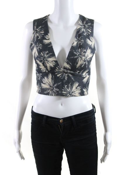 L Agence For Intermix Womens Back Zip Palm Tree Crop Top Blue White Size 2