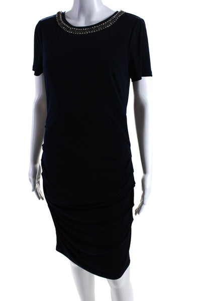 Vince Camuto Womens Crystal Detail Round Neck Short Sleeve Dress Navy Size 10