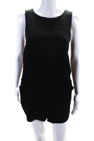 Parker Womens Chiffon Embroidered Trim Sleeveless One Piece Romper Black Size L