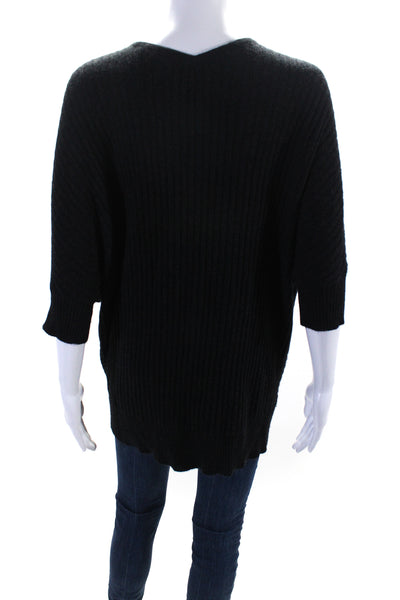 Vince Womens Wool Knit Short Sleeve V-Neck Sweater Top Charcoal Black Size M