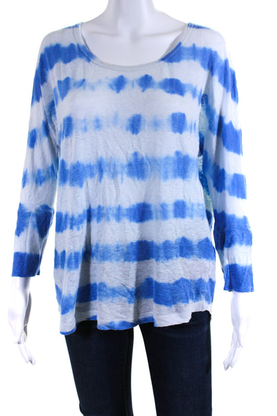 Joie Womens Round Neck 3/4 Dolman Sleeve Tie Dye Top Tee Shirt Blue Linen Small