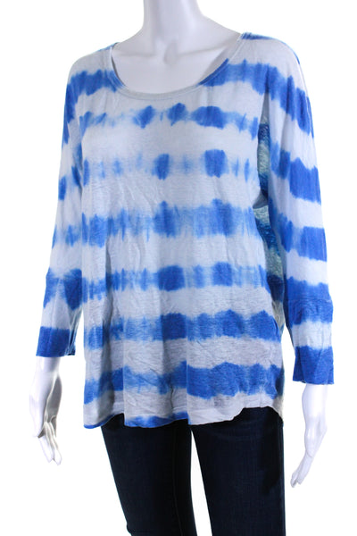 Joie Womens Round Neck 3/4 Dolman Sleeve Tie Dye Top Tee Shirt Blue Linen Small