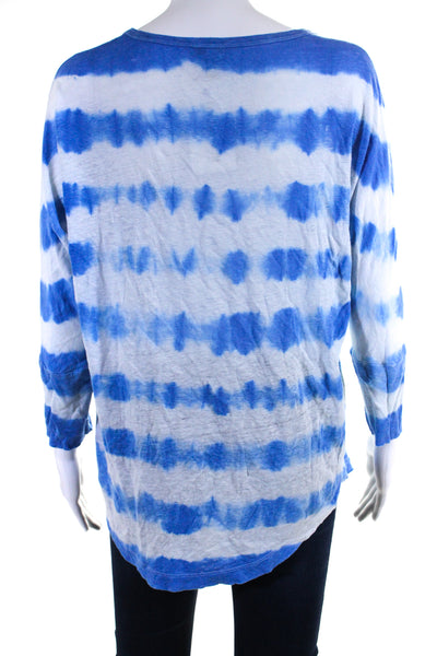 Joie Womens Round Neck 3/4 Dolman Sleeve Tie Dye Top Tee Shirt Blue Linen Small