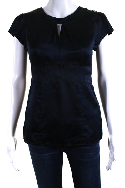 Nanette Lepore Womens Short Sleeve Satin Keyhole Top Blouse Navy Size 2