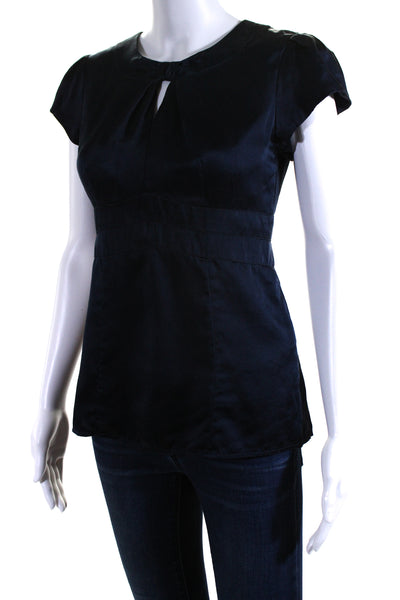 Nanette Lepore Womens Short Sleeve Satin Keyhole Top Blouse Navy Size 2