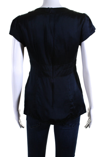 Nanette Lepore Womens Short Sleeve Satin Keyhole Top Blouse Navy Size 2