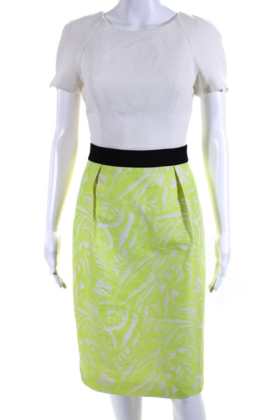 Black Halo Womens Crepe Jacquard Short Sleeve Sheath Dress White Green Size 4