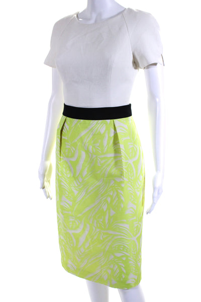 Black Halo Womens Crepe Jacquard Short Sleeve Sheath Dress White Green Size 4