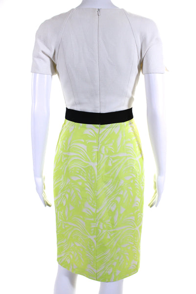 Black Halo Womens Crepe Jacquard Short Sleeve Sheath Dress White Green Size 4