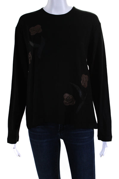 Natto Womens Long Sleeve Leather Flower Knit Shirt Black Dark Brown Size XL