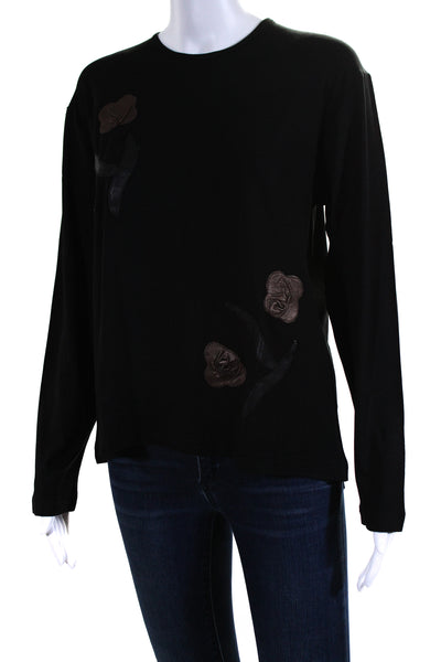 Natto Womens Long Sleeve Leather Flower Knit Shirt Black Dark Brown Size XL