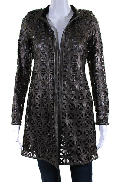 In Transit Womens Laser Cut Metallic Mesh Leather Jacket Brown Black Size XL