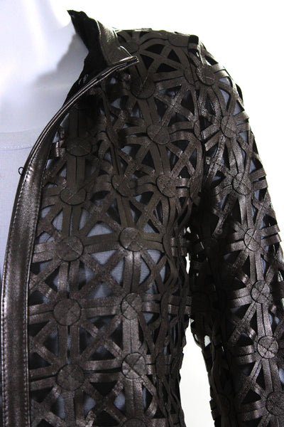 In Transit Womens Laser Cut Metallic Mesh Leather Jacket Brown Black Size Large