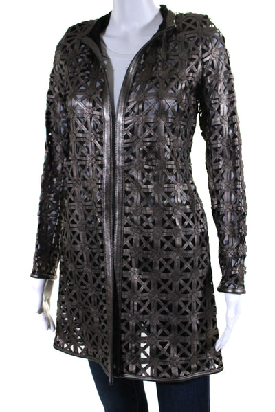 In Transit Womens Laser Cut Metallic Mesh Leather Jacket Brown Black Size Large