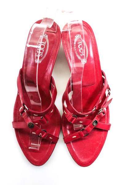 Tods Womens Leather Open Toe Strappy Kitten Heel Mules Red Size 8