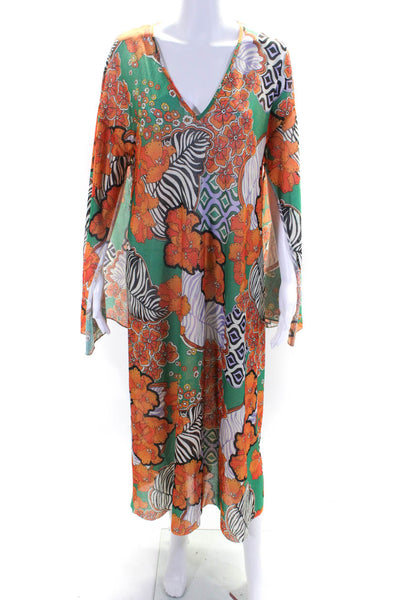 Zara Womens Long Sleeve V Neck Floral Zebra Print Dress Green Orange Size Small