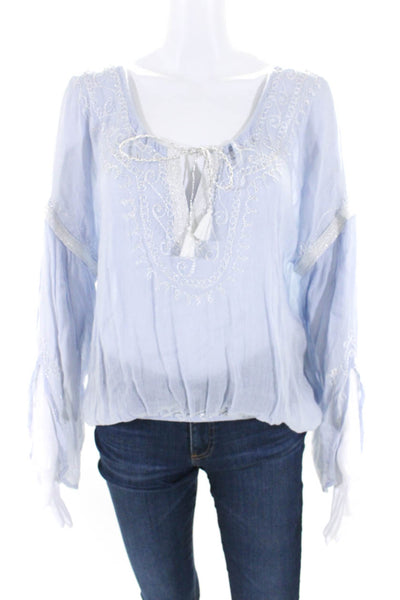 Donale Womens Metallic Chain Stitch Long Sleeve Top Blouse Light Blue Size 2