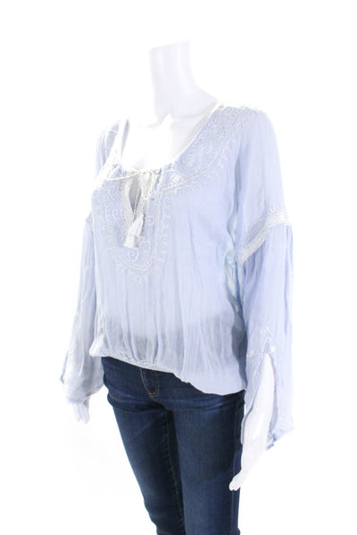 Donale Womens Metallic Chain Stitch Long Sleeve Top Blouse Light Blue Size 2