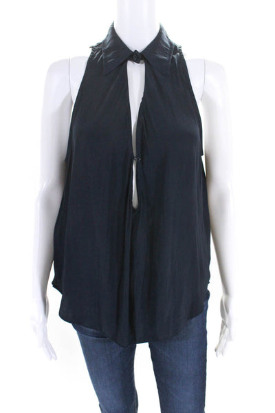 Calvin Rucker Womens Sleeveless Satin Collared Top Blouse Navy Blue Size Small