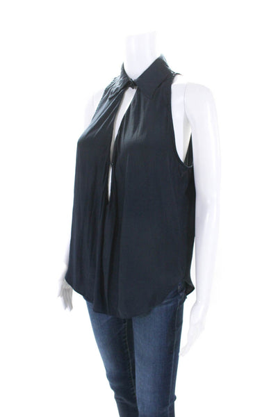 Calvin Rucker Womens Sleeveless Satin Collared Top Blouse Navy Blue Size Small