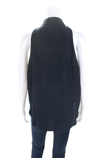 Calvin Rucker Womens Sleeveless Satin Collared Top Blouse Navy Blue Size Small