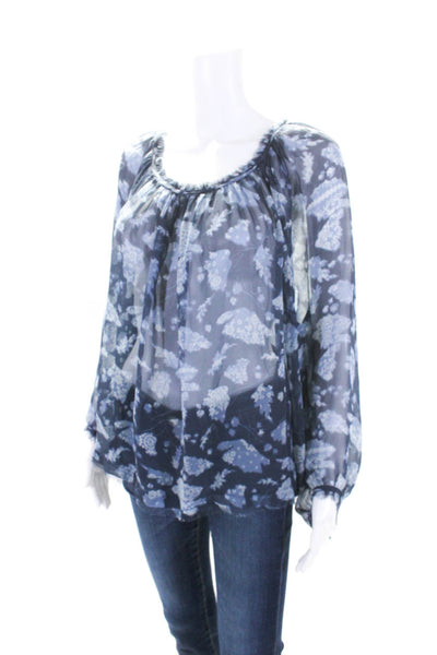 Raquel Allegra Womens Long Sleeve Chiffon Round Neck Top Blouse Blue Size 1