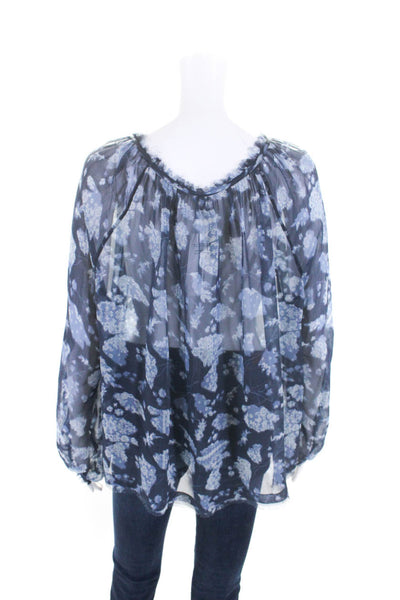 Raquel Allegra Womens Long Sleeve Chiffon Round Neck Top Blouse Blue Size 1