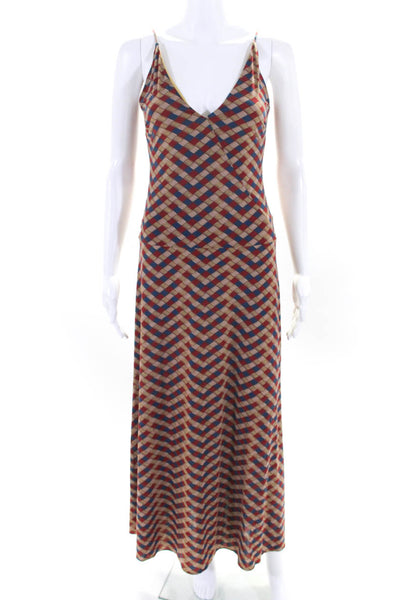 Siyu Womens Basketweave Print V Neck Stretch Maxi Dress Red Blue Beige Size 4