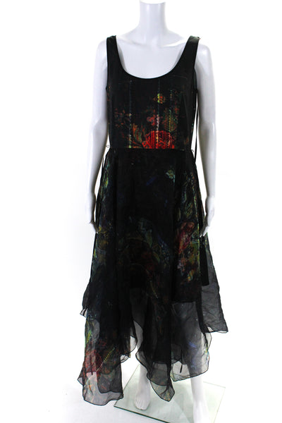 Gary Graham Womens Back Zip Scoop Neck Abstract Midi Dress Black Size Small