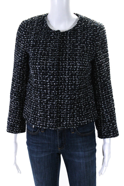 J Crew Womens Hook Front Crew Neck Metallic Tweed Jacket Navy White Size 2