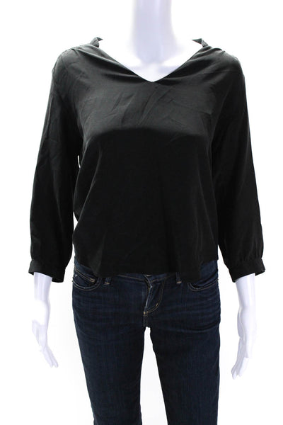 Amanda Uprichard Womens Black Silk V-Neck Long Sleeve Blouse Top Size S