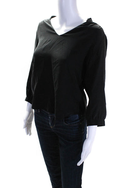 Amanda Uprichard Womens Black Silk V-Neck Long Sleeve Blouse Top Size S