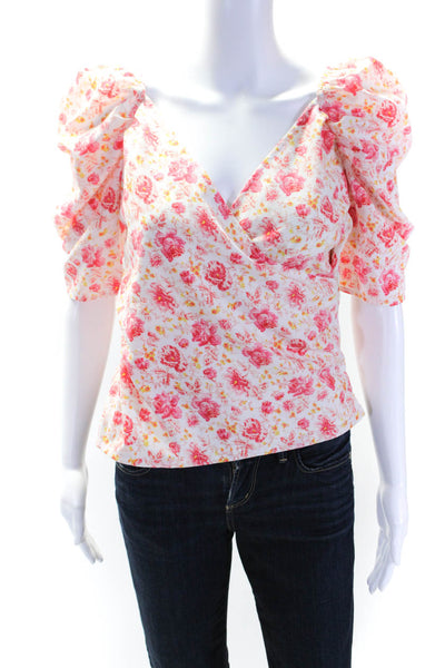 Something Navy Womens Floral Print Bishop Half Sleeve Blouse White Pink Size XS