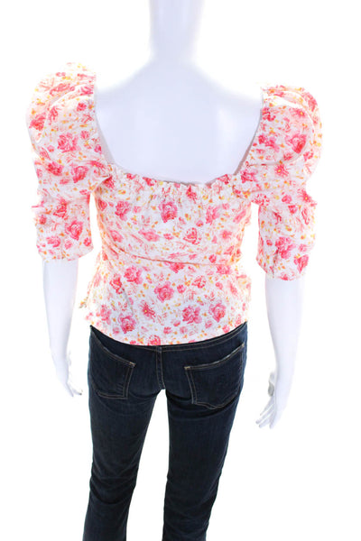 Something Navy Womens Floral Print Bishop Half Sleeve Blouse White Pink Size XS