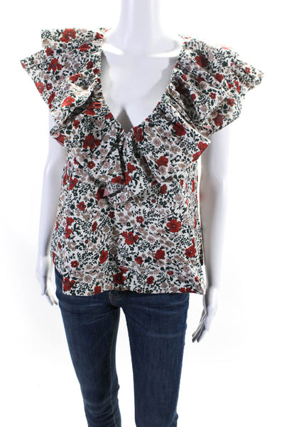 The Great Women's Boat Neck Ruffle Flutter Sleeves Cotton Floral Blouse Size 2